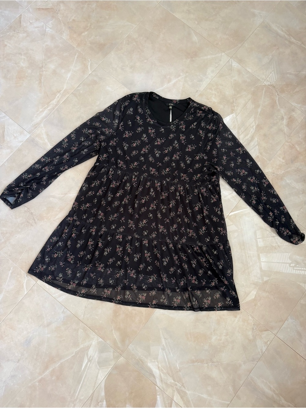 AFRM Dress Black Floral Babydoll Mesh Long Sleeve